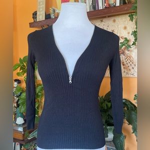 Express Ribbed Black Fitted Sweater w/ Silver Zipper - XS